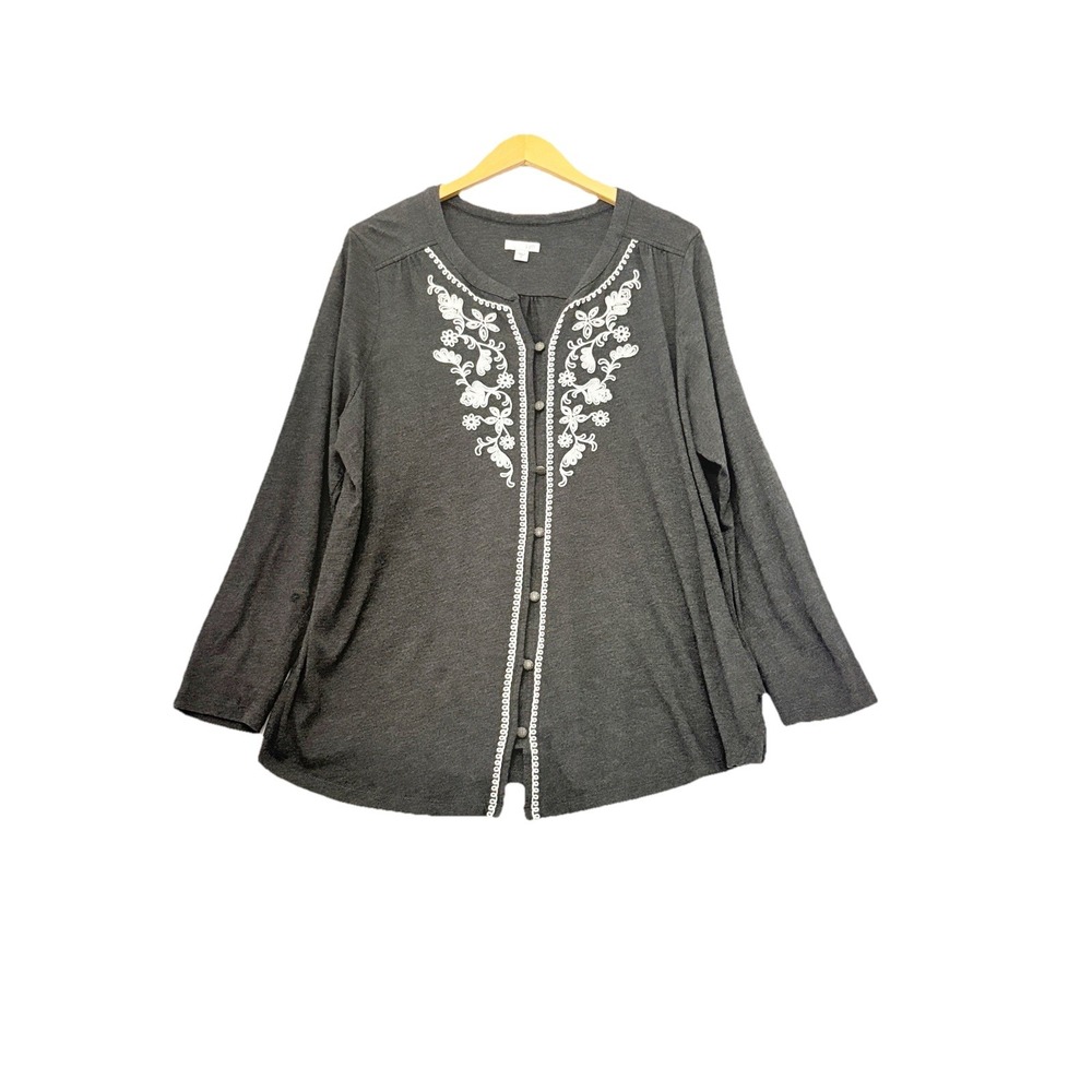 J. Jill Button Front Grey Peasant Embroidered Top Size‎ XL Cotton Modal Blend